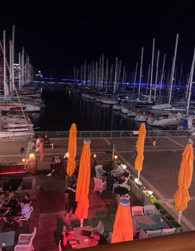 dining area in front of marina